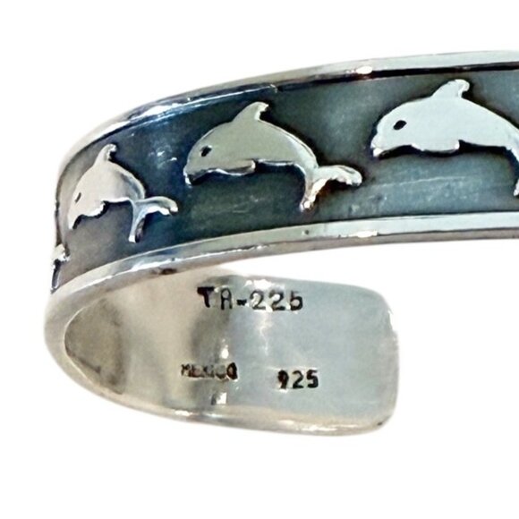 Sterling Silver 925 Happy Dolphin Cuff Bracelet Silver Black Adjustable - Picture 4 of 5